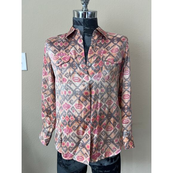 Ruby Road Shiny Peach Aztec Print Button Down Shirt –Size 14P Southwestern Style - Picture 1 of 6